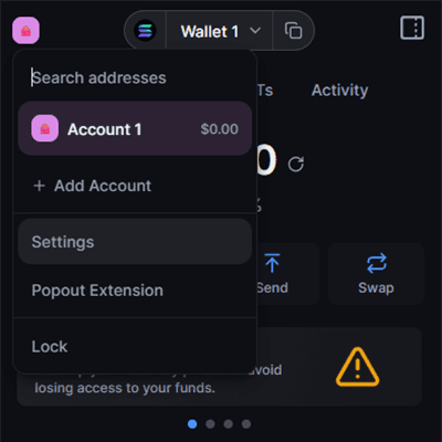 Enable developer mode — Open the account menu in the top-left corner and choose Settings.