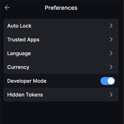 Enable developer mode — Toggle Developer Mode on. This unlocks the test networks Backpack hides by default.