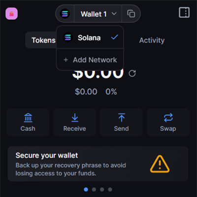 Add Solana Devnet — Back on the home view, open the network switcher in the top bar and press + Add Network.