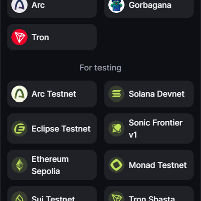 Add Solana Devnet — Pick Solana Devnet under “For testing”. Bridge deposits start from devnet SOL.