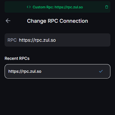 Point the mainnet RPC at ZUL — Enter https://rpc.zul.so and press Update. The mainnet slot now reads ZUL — L2 balances and transfers appear natively in Backpack.